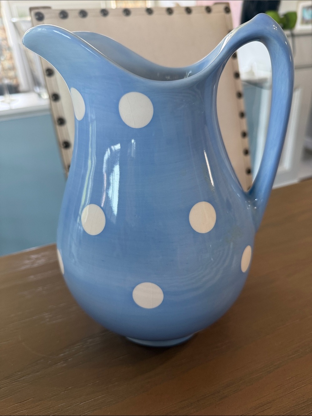 Light Blue and White Polka Dot Ceramic Pitcher